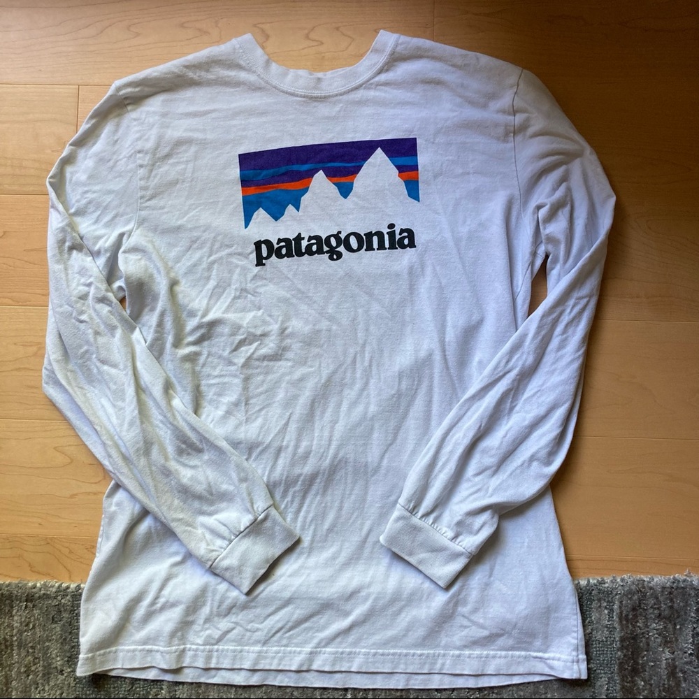 Patagonia White Long Sleeve Tee with Multicolor Mountain Logo